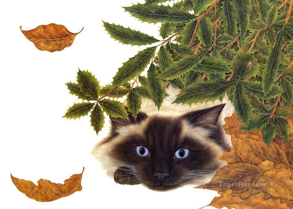 chat et feuilles Peintures à l'huile